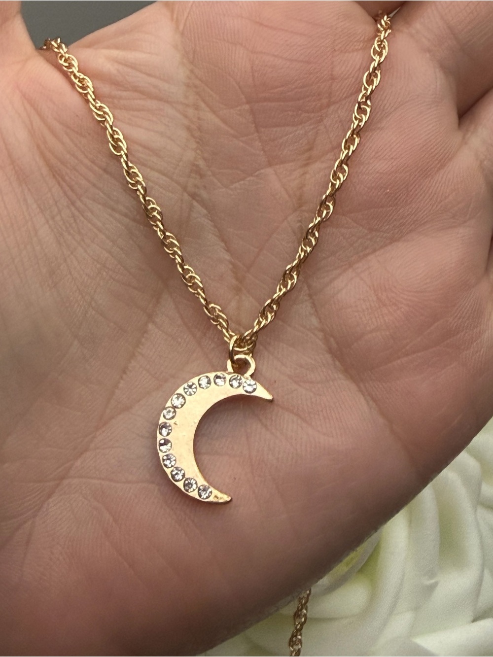 Gold Crescent Moon Pendant Necklace with Crystal Accents